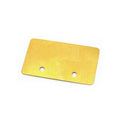 Rectangular gold-colored metal shield plate with two holes on one side lying flat on a white background.