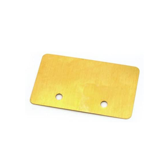 Rectangular gold-colored metal shield plate with two holes on one side lying flat on a white background.