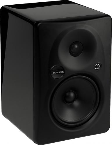 Black studio monitor speaker with midrange and tweeter drivers and a visible MACKIE logo on the front.