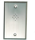 Rectangular metal wall plate with a pattern of nine small holes in a diamond shape for a microphone input.