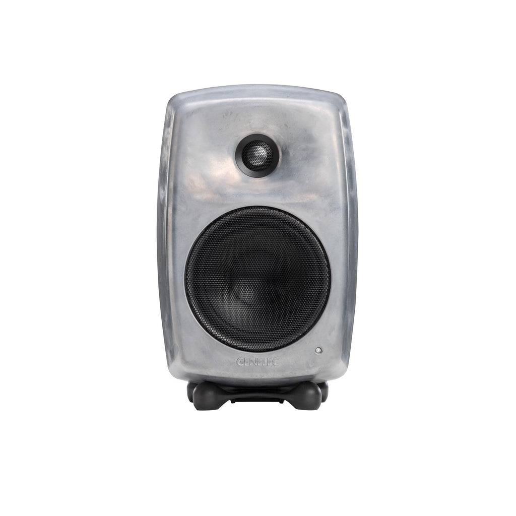 Front view of a silver studio monitor speaker with two drivers and a small indicator light on a black stand.