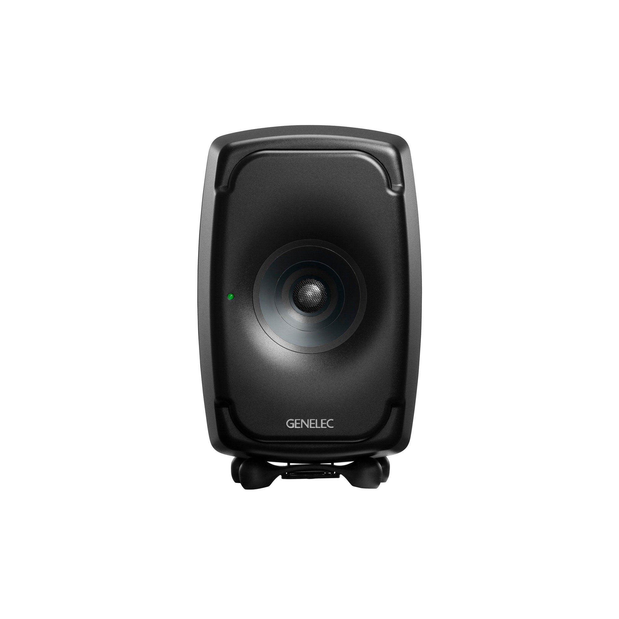 Front view of a black Genelec studio monitor speaker with a visible driver and green indicator light on a small adjustable stand.
