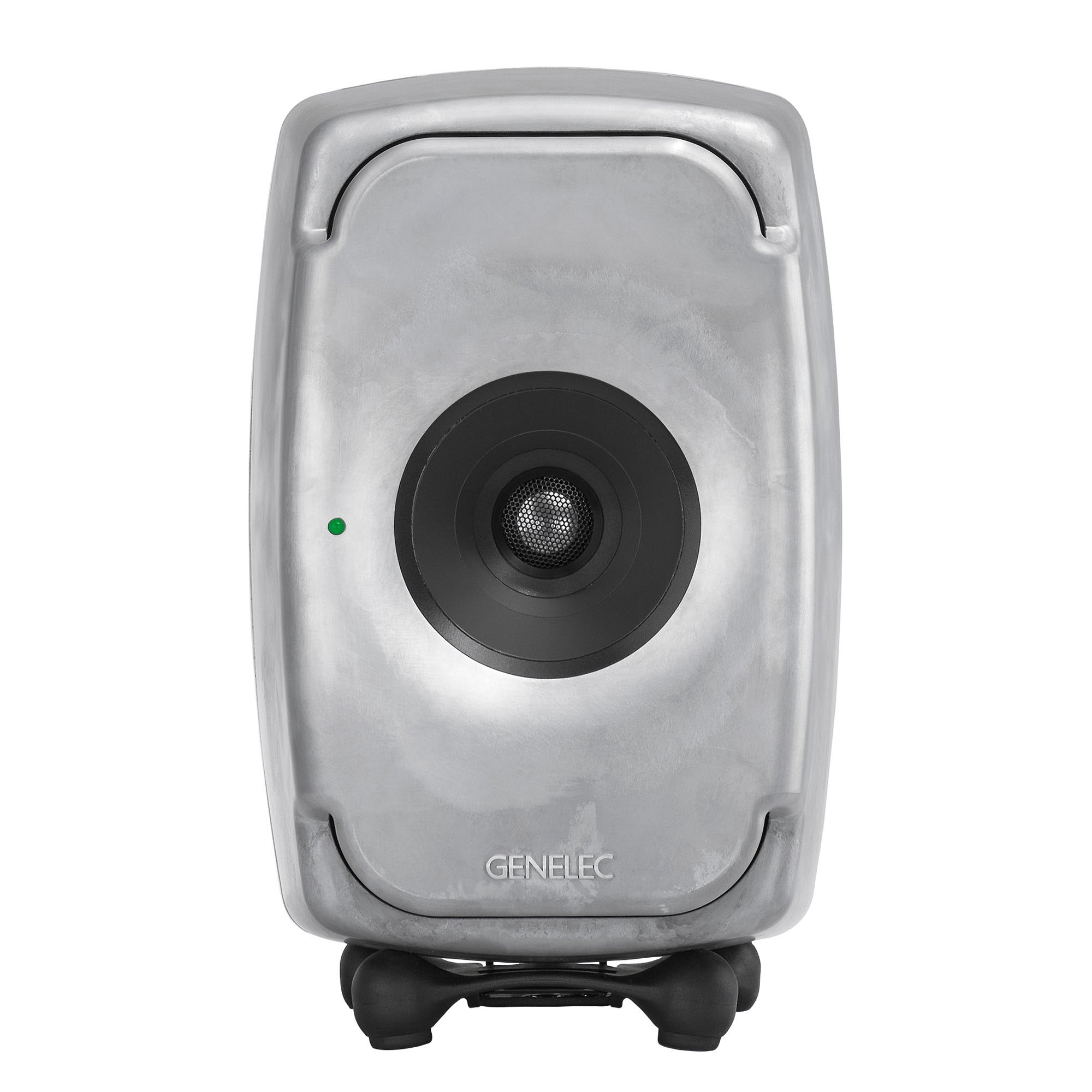 Front view of a silver studio monitor speaker with a central black driver and green indicator light.