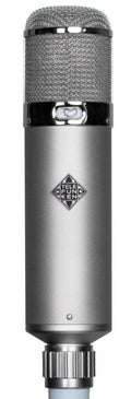 Silver and black TELEFUNKEN branded microphone with mesh grille and toggle switch on the body.