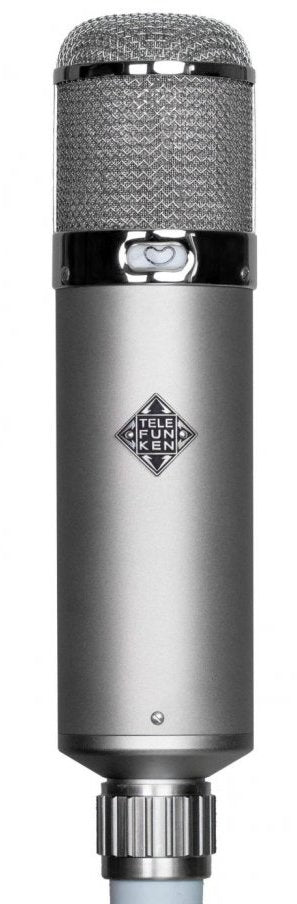 Silver and black TELEFUNKEN branded microphone with mesh grille and toggle switch on the body.