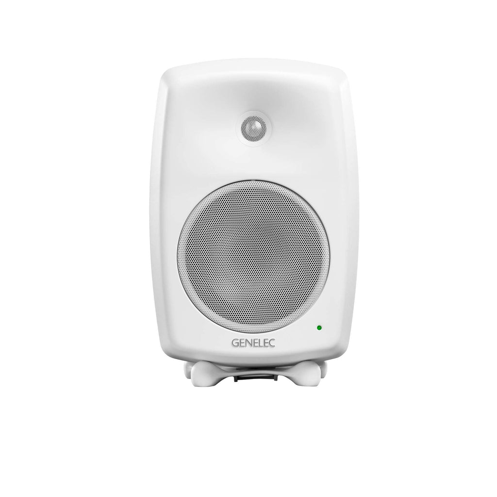 Front view of a white studio monitor speaker with a metal mesh grille and green indicator light.