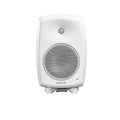 Front view of a white studio monitor speaker with a metal mesh grille and green indicator light.