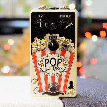 Overdrive guitar effects pedal with popcorn-themed design and knobs labeled Size, Butter, and Salt.