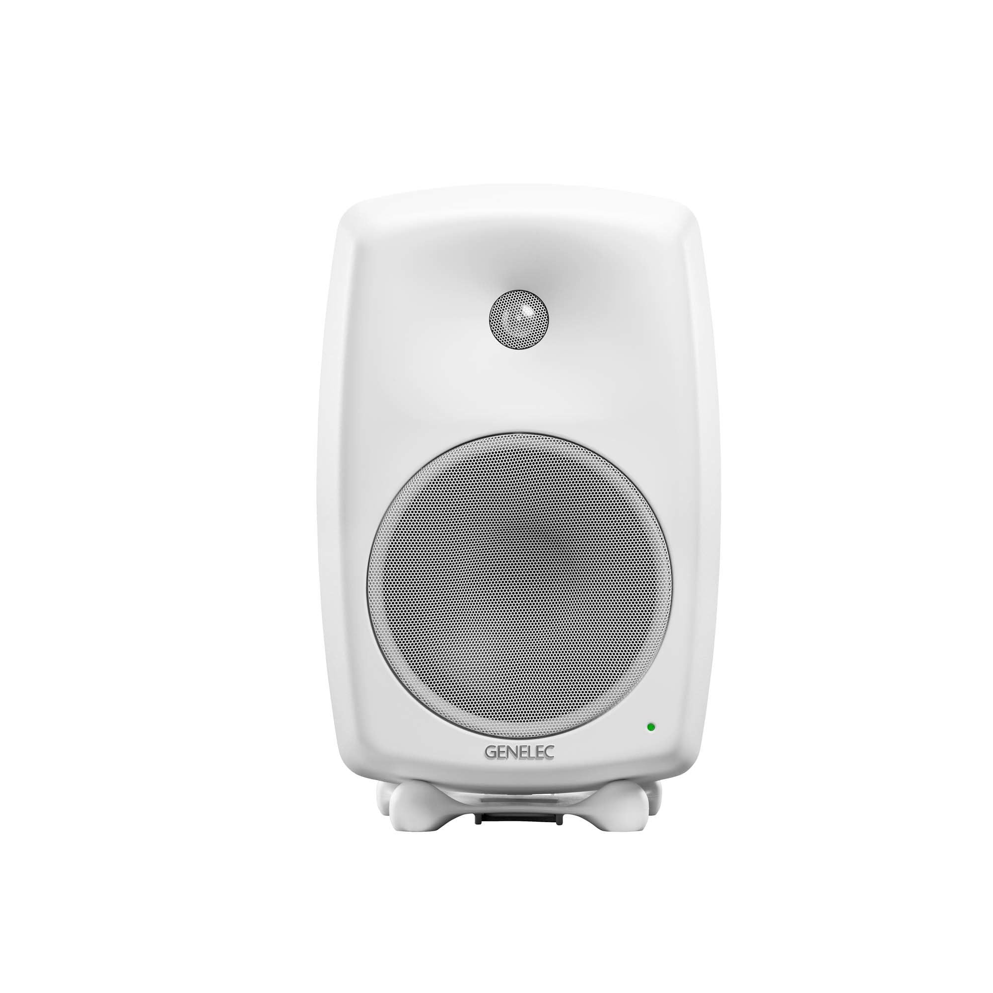 Front view of a white studio monitor speaker with visible woofer, tweeter, and small green indicator light.