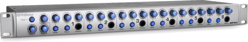 Gray PreSonus HP60 headphone amplifier unit with multiple blue knobs and headphone jacks in a 1U rack mount form.