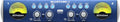Front panel of a blue PreSonus BlueTube V2 audio device with meters, knobs, and push buttons.