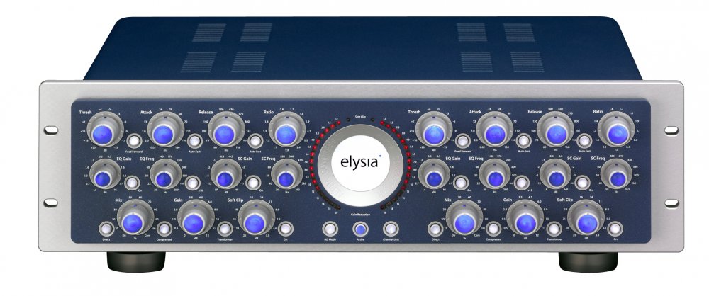 Front panel of a blue and silver audio compressor device with numerous knobs, buttons, and a central circular display labeled elysia.