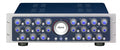 Front panel of a blue and silver audio compressor device with numerous knobs, buttons, and a central circular display labeled elysia.