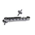 Chrome Gibson ABR-1 Tune-o-matic guitar bridge assembly with unnotched adjustable saddles, shown with its two threaded mounting posts and thumbwheels
