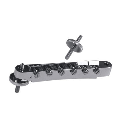 Chrome Gibson ABR-1 Tune-o-matic guitar bridge assembly with unnotched adjustable saddles, shown with its two threaded mounting posts and thumbwheels