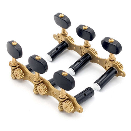 Set of matte gold and black classical guitar tuning tuners with three tuning pegs per unit.