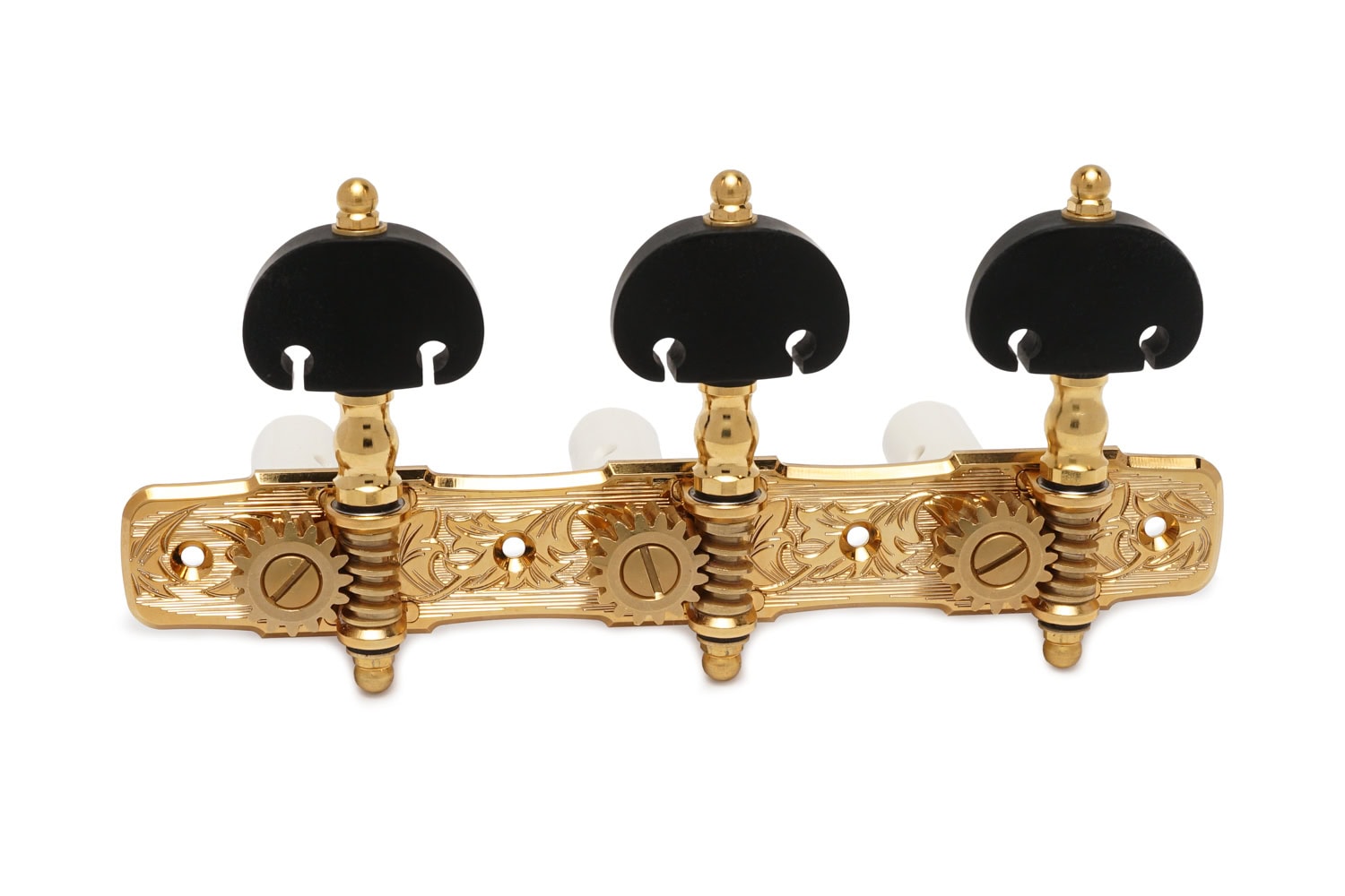 Set of three gold-colored classical guitar machine heads with black tuning keys mounted on an ornate gold base plate.