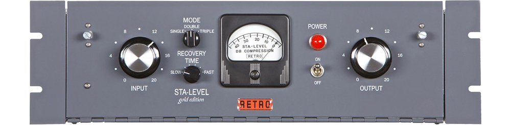 Front panel of a gray Retro Instruments STA-LEVEL audio device with knobs, toggle switch, and analog meter.