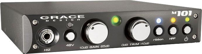 Black audio device with knobs, buttons, indicator lights, and a 1/4 inch input jack on the front panel.
