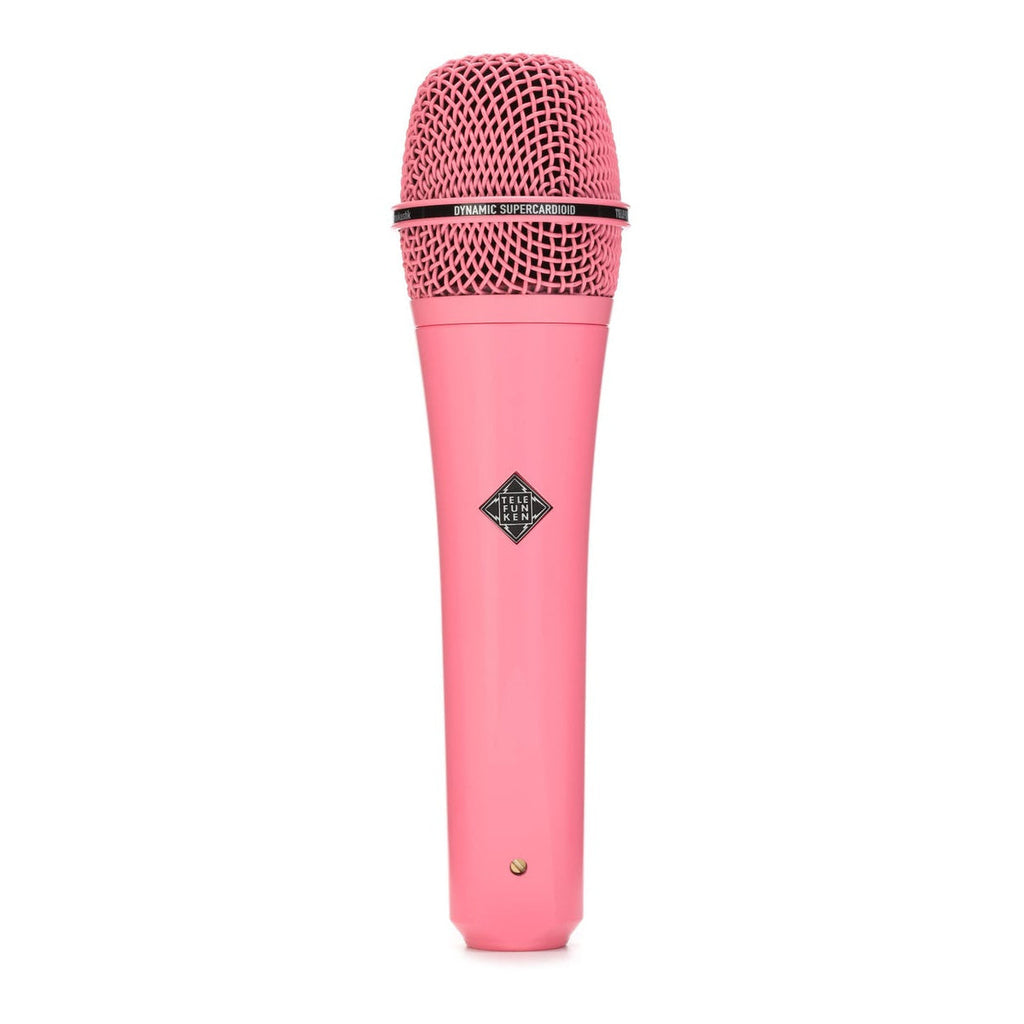 Pink handheld dynamic microphone with a mesh grille and TELEFUNKEN logo on the body.