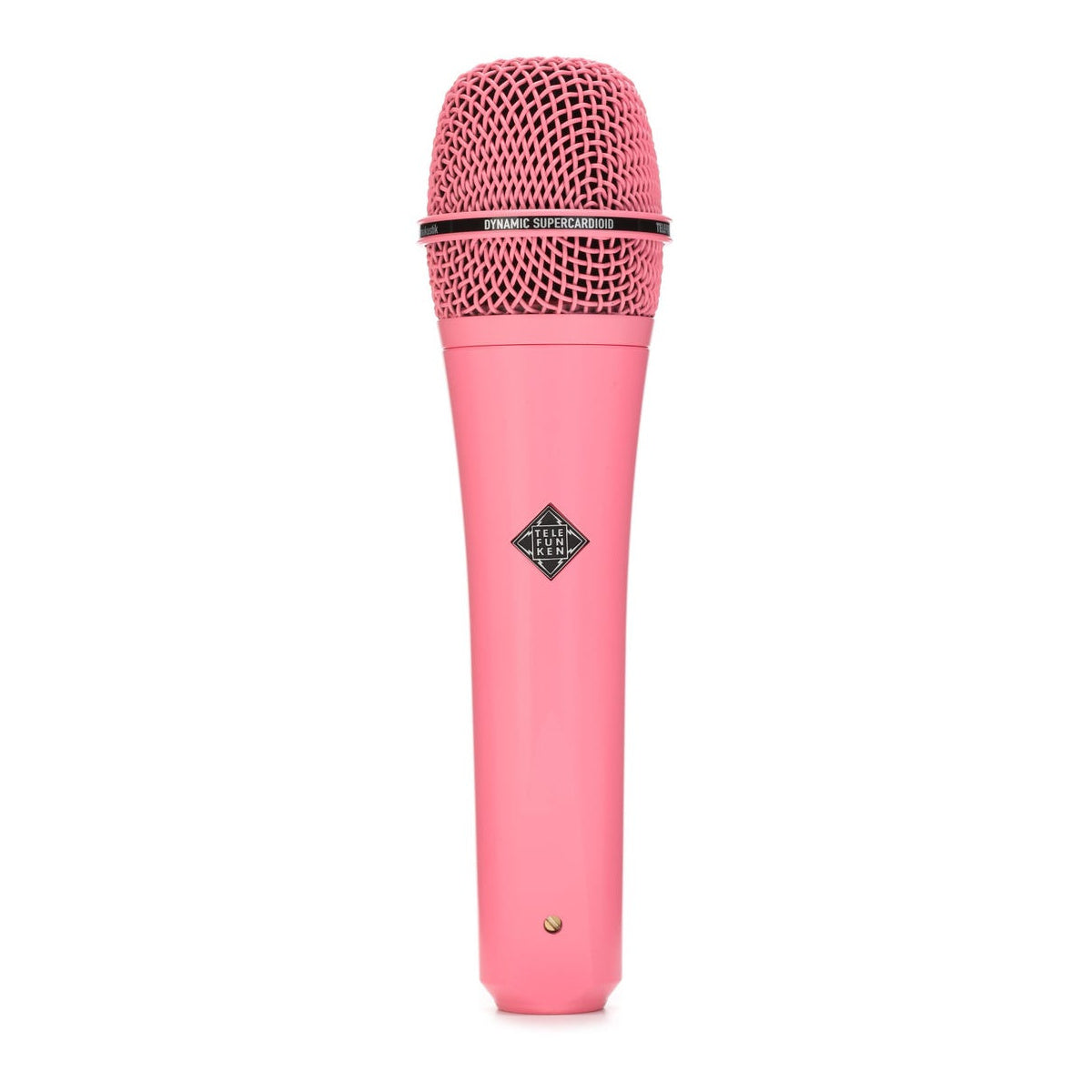 Pink handheld dynamic microphone with a mesh grille and TELEFUNKEN logo on the body.