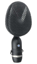Black microphone with rounded, perforated mesh grille and silver band near the base against a white background.