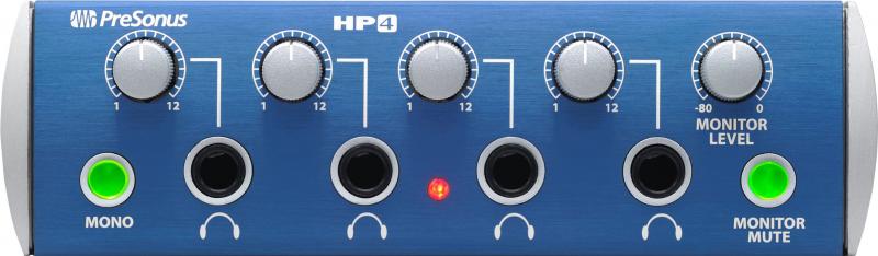 Blue PreSonus HP4 audio device with four headphone jacks, five knobs, two green indicator lights, and one red LED light.