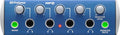 Blue PreSonus HP4 audio device with four headphone jacks, five knobs, two green indicator lights, and one red LED light.