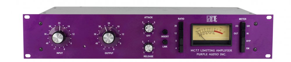 Purple audio MC77 limiting amplifier unit with input/output knobs, attack/release controls, ratio selector, and analog meter.