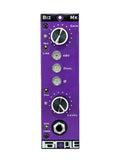 Front panel of a purple audio device with gain and level knobs, toggle switches, indicator lights, and a 1/4 inch input jack.
