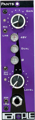 Front panel of a purple audio preamp with knobs, toggle switches, indicator LEDs, and a 1/4 inch jack.