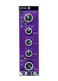 Front panel of a purple audio unit with multiple knobs, toggle switches, and LED indicators.