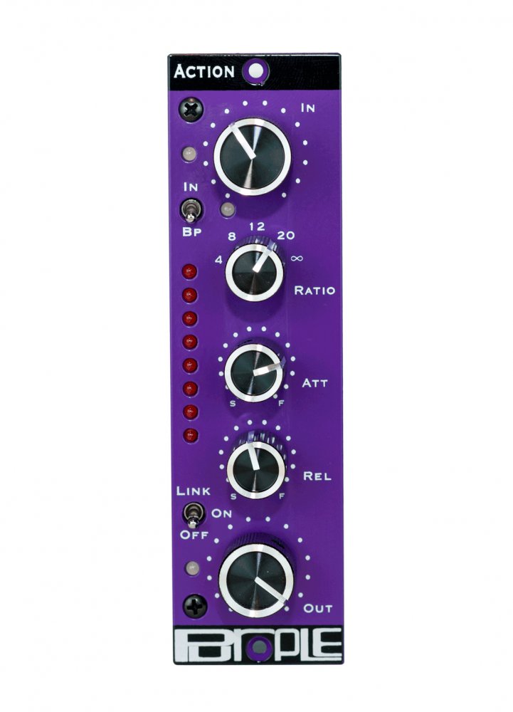 Front panel of a purple audio unit with multiple knobs, toggle switches, and LED indicators.