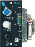 Black audio device front panel with knobs, switches, LED VU meter, and a 1/4 inch input jack.