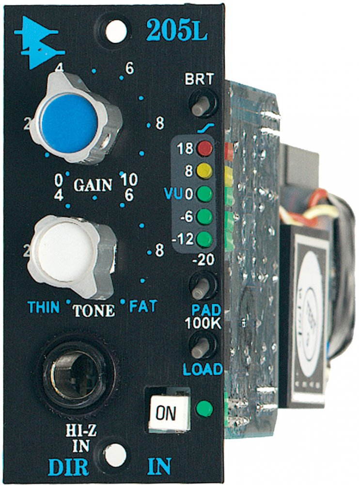 Black audio device front panel with knobs, switches, LED VU meter, and a 1/4 inch input jack.