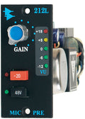 Black microphone preamplifier module with gain knob, VU meter LEDs, and -20/48V switches.