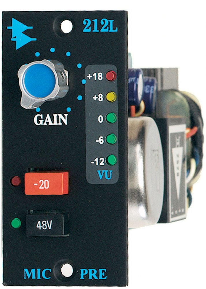 Black microphone preamplifier module with gain knob, VU meter LEDs, and -20/48V switches.