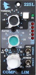 Black audio control panel with knobs, toggle switches, indicator lights, and blue and white text labels.