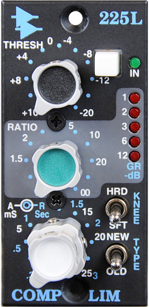 Black audio control panel with knobs, toggle switches, indicator lights, and blue and white text labels.