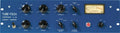 Blue audio compressor unit with multiple black knobs, toggle switches, and a VU meter on the front panel.