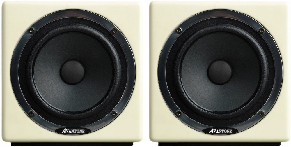 Front view of two ivory-colored AVANTONE studio monitor speakers with black speaker cones and silver rims.