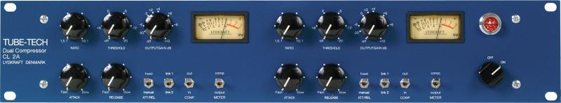 Blue dual channel audio compressor panel with knobs, VU meters, toggle switches, and a red indicator light.