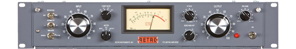 Front panel of a Retro Instruments 176 Limiting Amplifier with knobs, toggle switches, and a meter display.