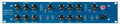 Blue audio processor panel with knobs and switches labeled for two compressors and two limiters.