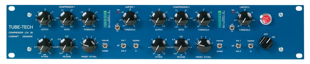 Blue audio processor panel with knobs and switches labeled for two compressors and two limiters.