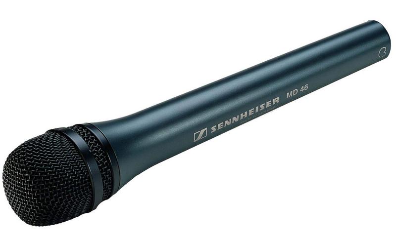 Black handheld microphone with a mesh grille and SENNHEISER MD 46 branding on the body.
