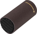 Black cylindrical microphone capsule with black metal mesh and gold SENNHEISER logo.