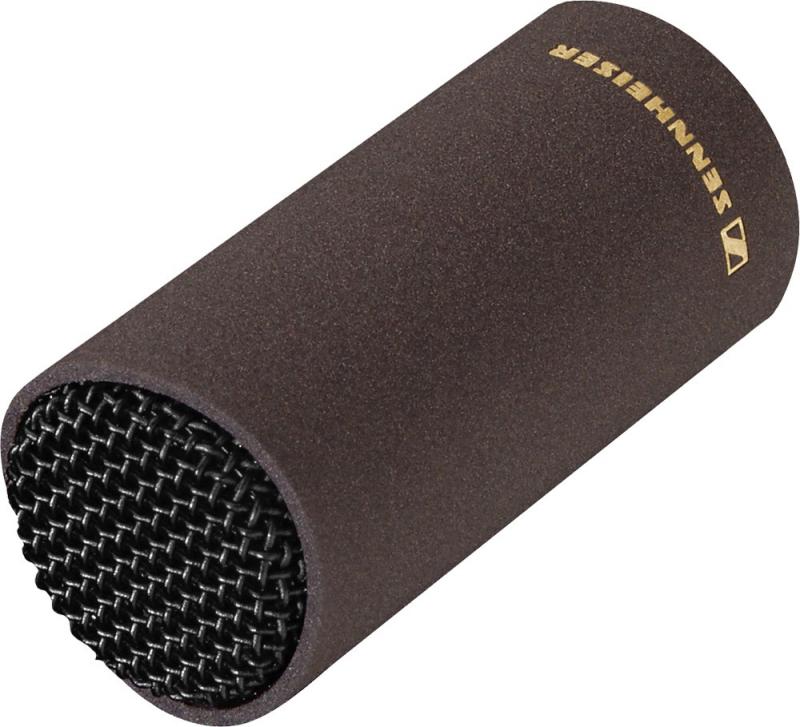Black cylindrical microphone capsule with black metal mesh and gold SENNHEISER logo.