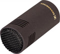 Black cylindrical microphone capsule with mesh grille and SENNHEISER logo in gold.