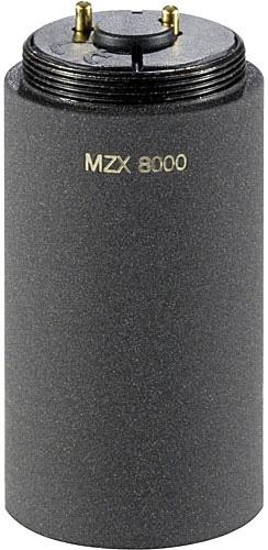 Black cylindrical microphone capsule with two gold pin connectors and MZX 8000 printed on the side.